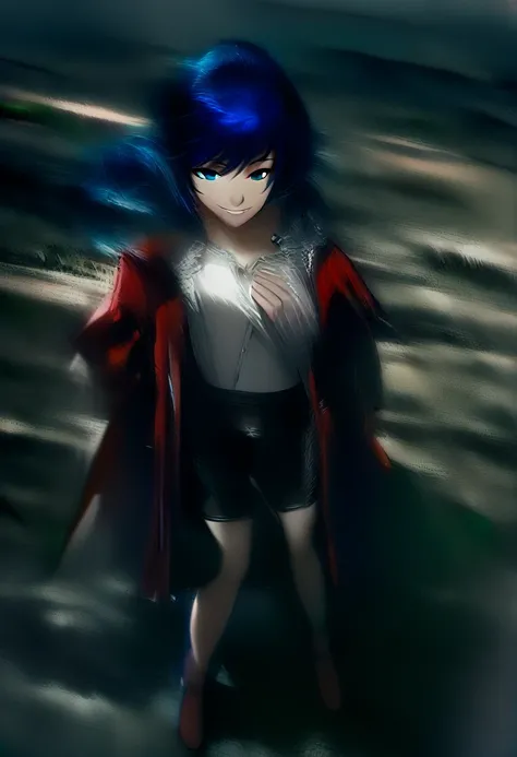 (woman), ((Mostima from arknights)), masterpiece, best quality, blue hair, short hair, pony tail, horns, medieval plain white shirt, red fullbody coat, dark blue eyes, realistic anime style, smile, black shorts.
