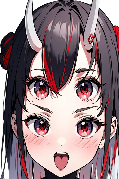 masterpiece, best quality, absurdres, looking at viewer,
Ayame, horns, oni, red eyes, long hair, white hair, red streaks, two side up, double bun, smile, blush, 
detailed face, close up, detailed eyes,open mouth,tongue out,blush