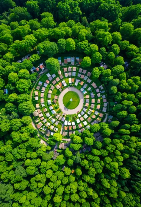 An aerial view of a village. The village has a round shape when viewed from above. Lots of trees and flowers.