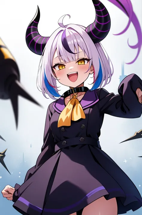 1 girl, solo, standing, , la+ darknesss, laplus, hololive, virtual youtuber, horns, (collar), yellow eyes, yellow ascot, purple dress, (long sleeves), (sleeves past fingers), white hair, streaked hair, smile, open mouth 