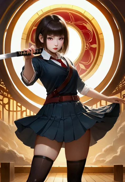 Wear skirts and shirts，背着背包的Anime Girl, Realistic female student, Girl wearing, Short full body portrait!, She holds a samurai sword, She holds a long stick, 名为露西的Anime Girl, Anime Girl, As anime character, School girls, female anime character, magic , Str...