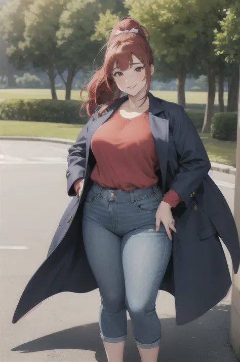 ((mature)), Kasumi Yoshizawa has become a mature woman, Realistic denim texture, chubby upper body but small breasts, dskasumi, red hair, long hair, ponytail, red eyes, hair bow, 1girl, solo, ((height 150cm)), thick thighs, Bow legs, Beautiful face but chu...