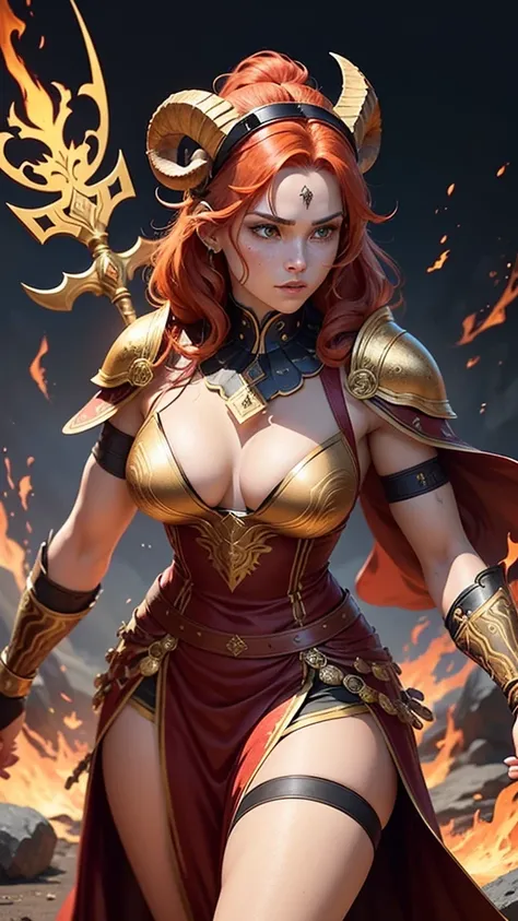 Create a character that embodies the Aries zodiac sign, making it immediately recognizable. The character is a bold and energetic warrior with short, wild red hair and piercing green eyes that reflect their determination. They have a strong, athletic build...