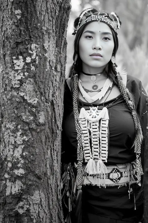 Hermosa woman standing next to a tree in a black and blank photo, traditional beauty, tribal clothing, a young shaman, wearing an elegant tribal outfit, b&in photo, wearing a native american choker, wearing tribal armor, wearing authentic clothes, beautifu...