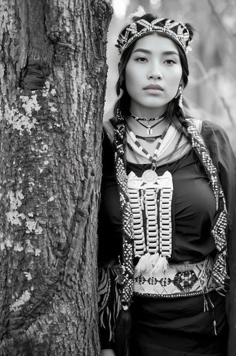 Hermosa woman standing next to a tree in a black and blank photo, traditional beauty, tribal clothing, a young shaman, wearing an elegant tribal outfit, b&in photo, wearing a native american choker, wearing tribal armor, wearing authentic clothes, beautifu...