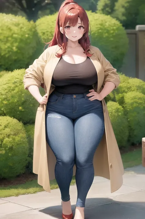 ((mature)), Kasumi Yoshizawa has become a mature woman, Realistic denim texture, chubby upper body but small breasts, dskasumi, red hair, long hair, ponytail, red eyes, hair bow, 1girl, solo, ((height 150cm)), thick thighs, Bow legs, Beautiful face but chu...