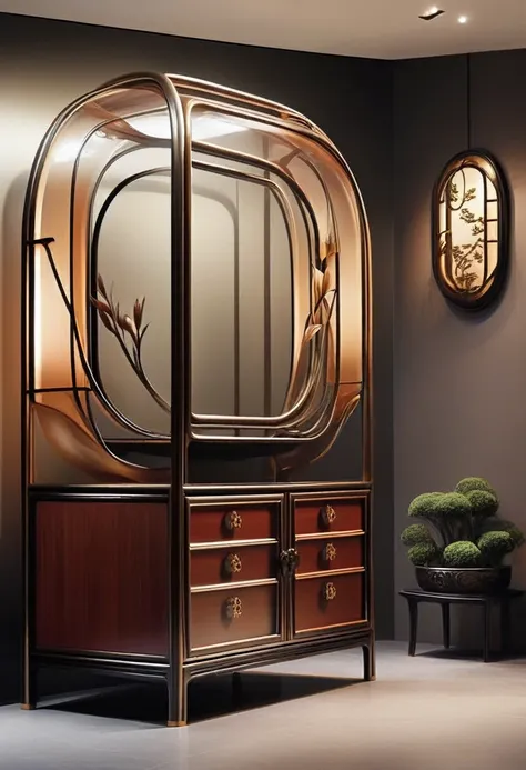 (((furniture product designs))), (display cabinet design), (with Chinese influence), opera, flexible lines, ((unique modern innovation from the shape)), combined with bronze and dark wood, ( (stylized shapes from Chinese dances))