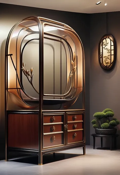 (((furniture product designs))), (display cabinet design), (with Chinese influence), opera, flexible lines, ((unique modern innovation from the shape)), combined with bronze and dark wood, ( (stylized shapes from Chinese dances))