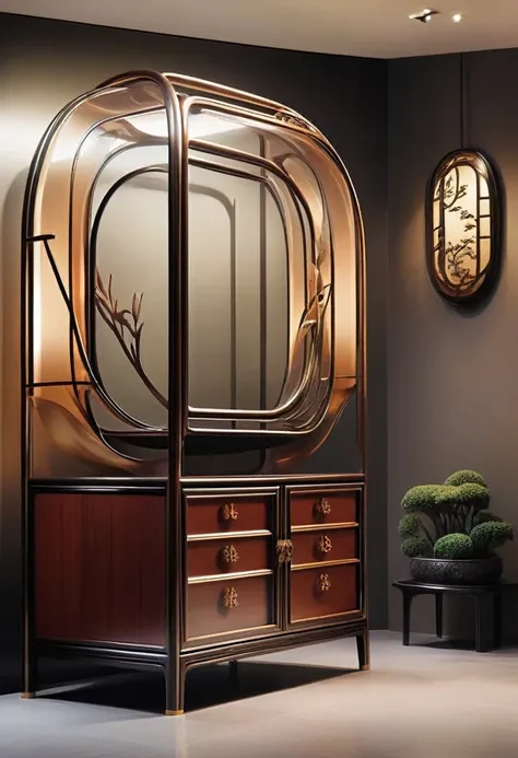 (((furniture product designs))), (display cabinet design), (with Chinese influence), opera, flexible lines, ((unique modern innovation from the shape)), combined with bronze and dark wood, ( (stylized shapes from Chinese dances))