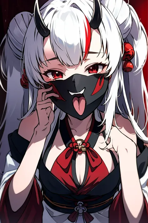 masterpiece, best quality, absurdres, looking at viewer,
Ayame, horns, oni, red eyes, long hair, white hair, red streaks, two side up, double bun, smile, blush, 
detailed face, , detailed eyes,open mouth,tongue out,blush,Nakiri Ayame, long hair, double bun...