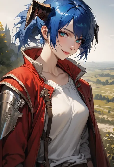 (woman), ((Mostima from arknights)), masterpiece, best quality, blue hair, ((short hair)), ((pony tail hair)), horns, medieval plain white shirt, red fullbody coat, dark blue eyes, realistic anime style, smile, portrait.