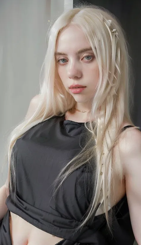 Blonde woman with long hair and a black top posing for a photo, Ava Max, Perfect white hair girl, very very pale blonde hair, Her hair is white, Anna Nikonova aka Newmilky, extremely pale blonde hair, very pale white skin, very very pale white skin, pale f...