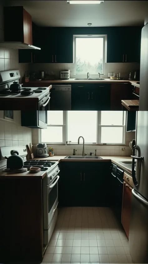 there is a kitchen with a stove, sink, and window, a still life inspired by Gregory Crewdson, flickr, hyperrealism, 7 0s kitchen, 1 9 8 0 s analog video, 1 9 7 0 s analog video, vhs colour photography, dark kitchen of an art student, overheard camera view ...