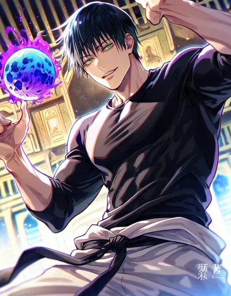 Ultra detailed, HDR, Highres, absurdres, master piece, Fushiguro Touji, black hair, expressive green eyes, Jujutsu Kaisen, handsome, sexy man, solo, black tight shirt, purple aura, handsome smile, best quality, blue moon, 8K, white baggy pants