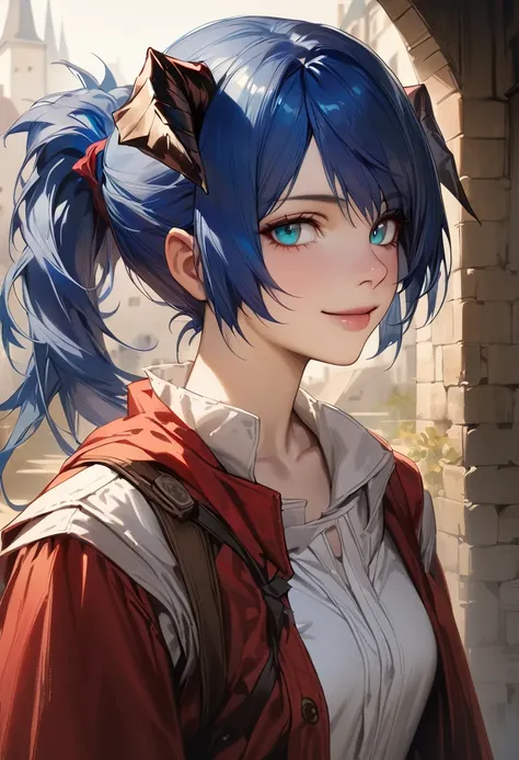 (woman), ((Mostima from arknights)), masterpiece, best quality, blue hair, ((short hair)), ((pony tail hair)), horns, medieval plain white shirt, red fullbody coat, dark blue eyes, realistic anime style, smile, portrait.