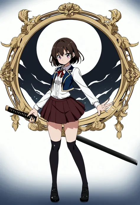 Wear skirts and shirts，背着背包的Anime Girl, schoolgirl, Girl wearing, Short full body portrait!, She holds a samurai sword, She holds a long stick, 名为露西的Anime Girl, Anime Girl, As anime character, School girls, female anime character, magic , Strike a pose