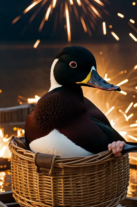 A sucked duck making a basket with explosions in the background