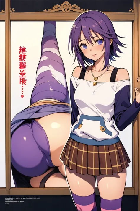 High Quality, Masterpiece, 1girl, Mizore Shirayuki, short hair, off-shoulder sweater, two-tone sweater, plaid skirt, pendant, striped thighhighs, purple thighhighs, 