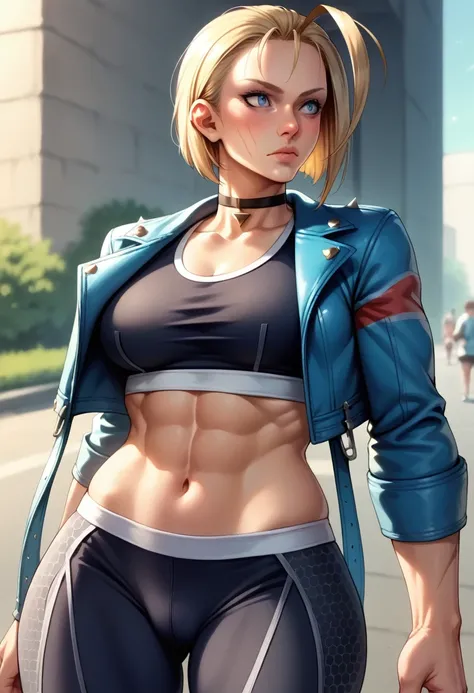 score_9, score_8_up, score_7_up, BREAK, score_9, cammySDXL, 1girl, solo, breasts, short hair, blue eyes, blonde hair, navel, medium breasts, jacket, open clothes, choker, midriff, pants, open jacket, lips, crop top, black choker, scar, abs, antenna hair, b...