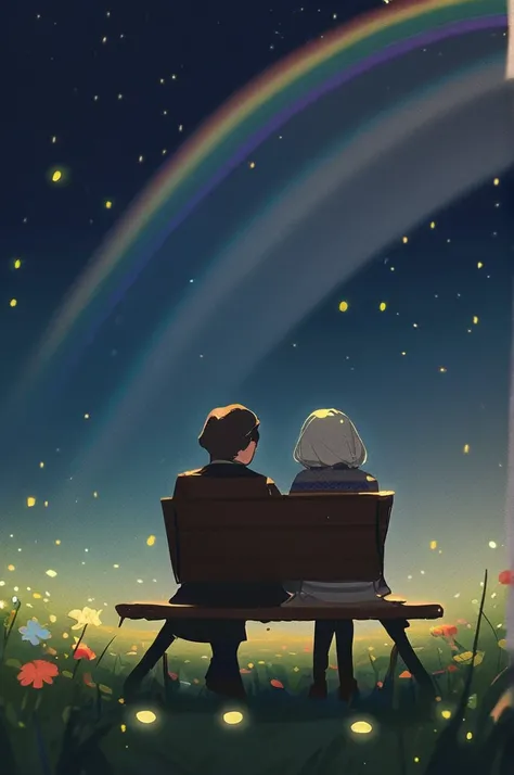 ((Лучшее качество)), ((шедевр)), (подробный), the shop stands in the middle of a field with rainbow flowers, a beautiful night sky. fireflies are flying. A couple is sitting on a bench.