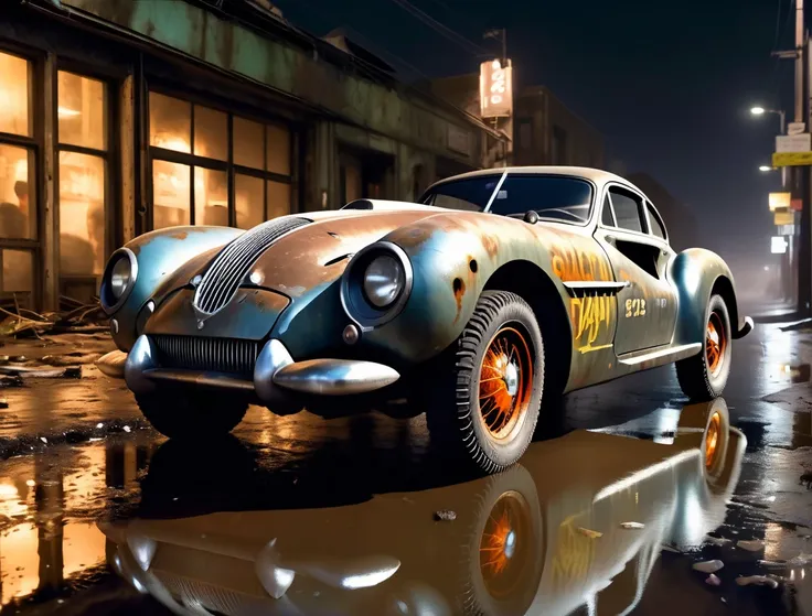 a photo of a dieselpunk sports car, 3/4 front view, survival, post-apocalyptic, cyberpunk, outdoors, ((night)), destruction, urban decay, reflective puddles masterpiece, overgrown city