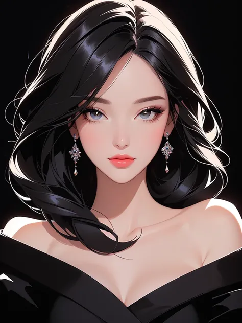 close-up of a woman with a black background and a black, elegant digital art, in the style of digital illustration, elegant digi...