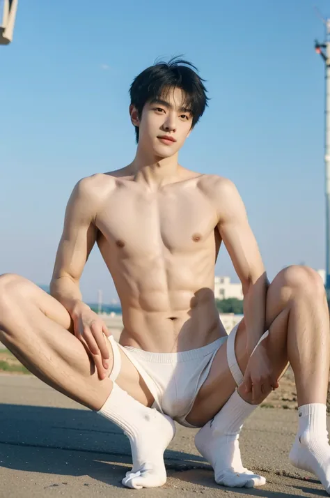 nansheng,1 boy, Solitary, topless, wear white jockstrap underwaer, (jockstrap), thong，Socks and feet close-up，Male focus,sky空, outdoor, sky, Practical, Whole body, show abs,