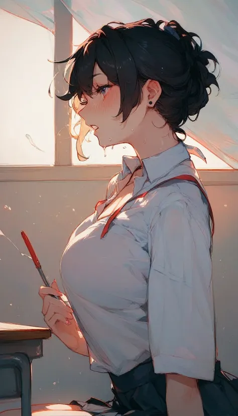 A beautiful girl with short black hair and a great figure giving a blowjob in the classroom。A realistic moment of  in the mouth、Both of them are panting as they reach climax.。Sweaty all over。I&#39;m shocked to be facialized。high resolution,masterpiece,High...