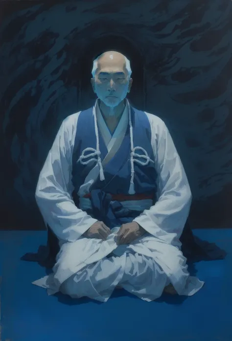 painting of a man in a white robe sitting on a blue floor, inspired by Kaigetsudō Anchi, inspired by Kanō Hōgai, daoist, inspired by Kaigetsudō Ando, inspired by Kanō Sanraku, inspired by Kanō Sansetsu, ancient japanese monk