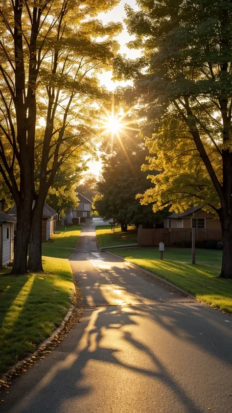 1978, Canton, Ohio, Kodak film filter, film camera, nostalgic,  view of a street with a tree and a house in the background, peaceful suburban scene, golden hour scene, tree-lined path at sunset, morning golden hour, golden hour sunlight, dramatic warm morn...