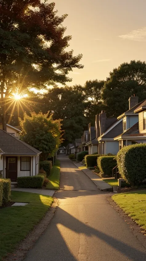 arafed view of a street with a tree and a house in the background, a picture by David Burton-Richardson, flickr, realism, peaceful suburban scene, golden hour scene, tree-lined path at sunset, morning golden hour, golden hour sunlight, dramatic warm mornin...