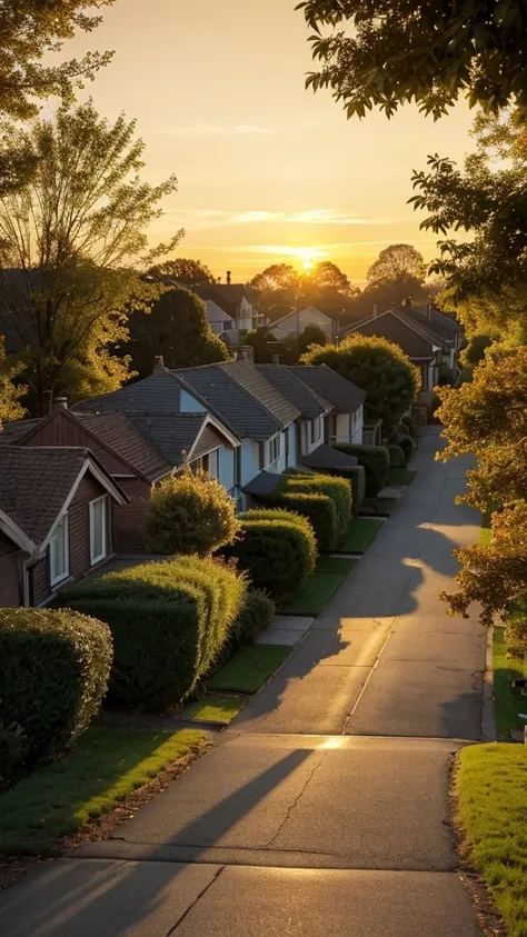 arafed view of a street with a tree and a house in the background, a picture by David Burton-Richardson, flickr, realism, peaceful suburban scene, golden hour scene, tree-lined path at sunset, morning golden hour, golden hour sunlight, dramatic warm mornin...