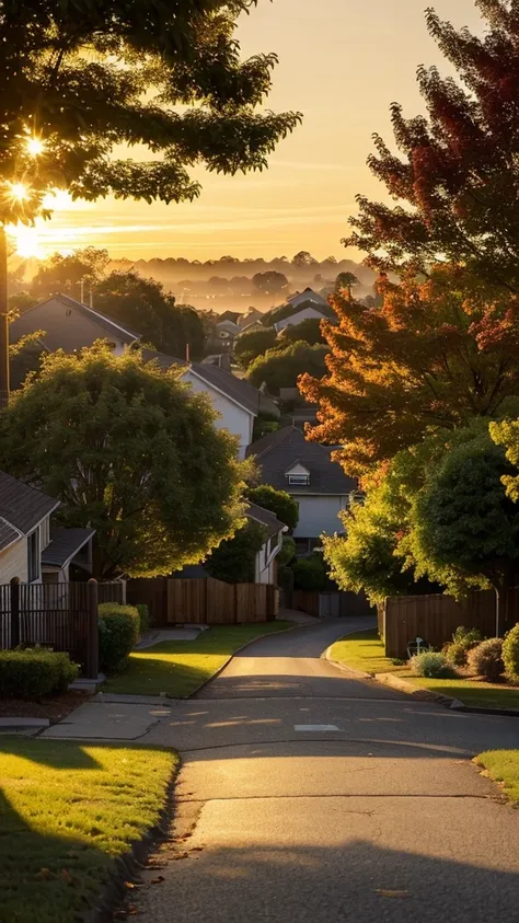 arafed view of a street with a tree and a house in the background, a picture by David Burton-Richardson, flickr, realism, peaceful suburban scene, golden hour scene, tree-lined path at sunset, morning golden hour, golden hour sunlight, dramatic warm mornin...