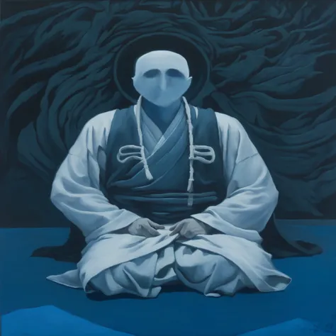 painting of a man in a white robe sitting on a blue floor, inspired by Kaigetsudō Anchi, inspired by Kanō Hōgai, daoist, inspired by Kaigetsudō Ando, inspired by Kanō Sanraku, inspired by Kanō Sansetsu, ancient japanese monk