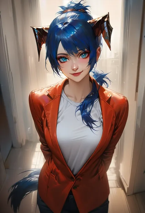 (woman), ((Mostima from arknights)), masterpiece, best quality, blue hair, ((short hair)), ((pony tail hair)), horns, plain white shirt, red full body jacket, dark blue eyes, black gloves, orange glasses, realistic anime style, smile, portrait.
