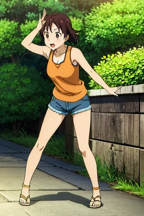 1girl, haru miura, reborn, dark gray brown hair, orange eye, light blue jeans, shorts,orange tank top, full body, park, sunny,su...