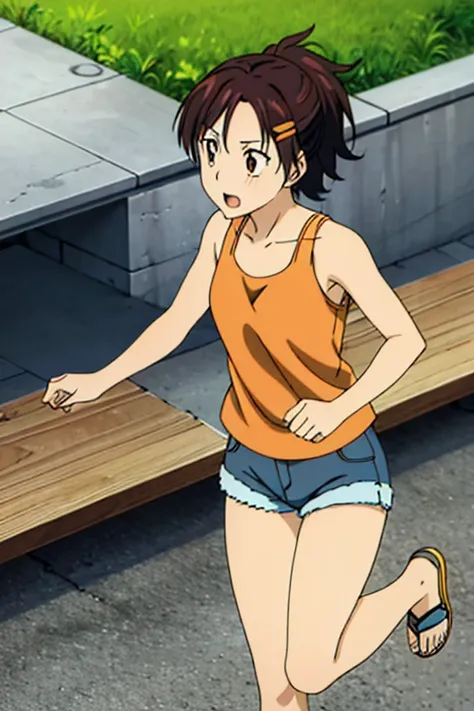 1girl, haru miura, reborn, dark gray brown hair, orange eye, light blue jeans, shorts,orange tank top, full body, park, sunny,su...