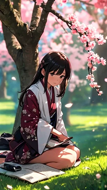 Garder le personnage, stand her up in front of the Japanese cherry tree, A book in hand. Style manga, animated 