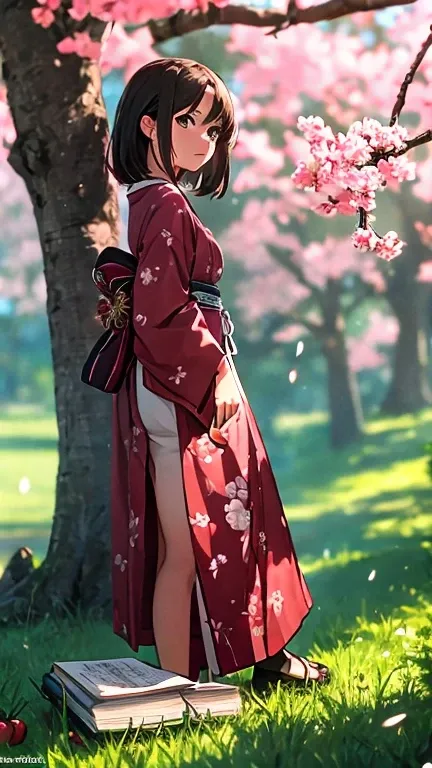 Garder le personnage, stand her up in front of the Japanese cherry tree, A book in hand. Style manga, animated 