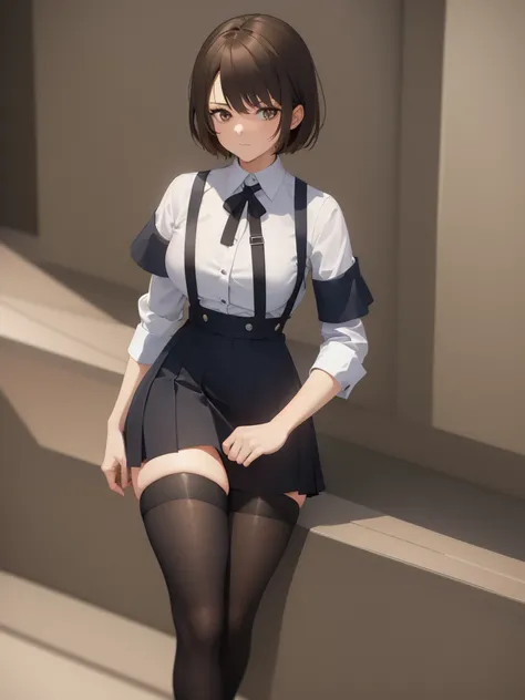 1girl, short brown hair, brown eyes, wearing a white shirt with black sleeves, blue school girl skirt, thigh high socks, city, absurdres, high res, ultrasharp, 8K, masterpiece, looking at viewer