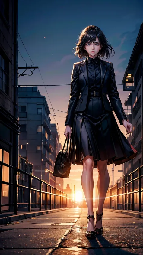 A young woman with a determined expression, dressed in modern and elegant clothes, walking through a busy city. In the background, the silhouette of an old house with shadows of family members looking enviously. The city should be illuminated with bright l...