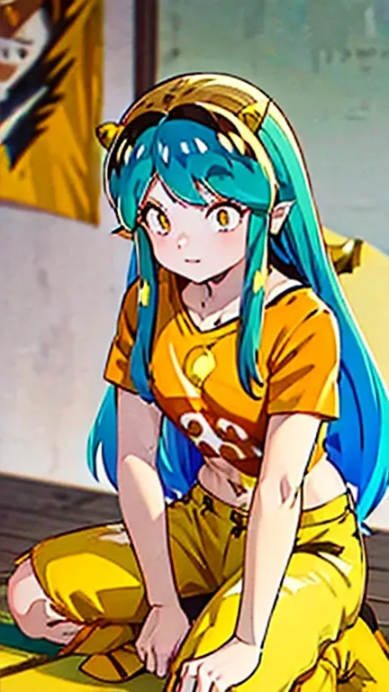 lum, long hair, bangs, blue hair, (orange eyes:1.5), horns, pointy ears, aqua hair, oni horns, eyeshadow, (yellow T shirt:1.6), Blue pants, Pink shose, Masterpeice, 