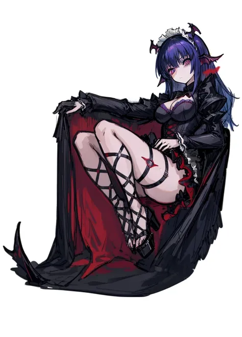 1girl, red-purple eyes, galactic blue hair, succubus, maid, bat wings, beautiful clothes , (high resolution, high detail, best quality) , medium breasts, sexy