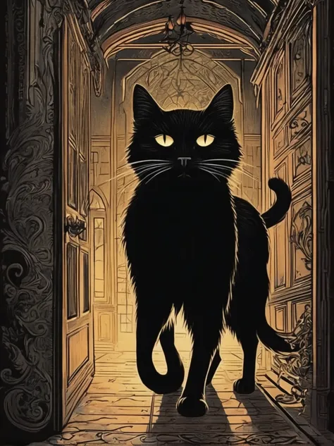 In an ancient manor, the spirit of a
black cat wanders through the
halls, its eyes glowing with a
supernatural light. It is said to be
the familiar of a witch who once
lived there, and it watches over
the house, cursing those who
bring harm to its domain.
