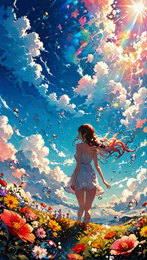 ＪＫ,Flowing Hair,Beautiful sky, Beautiful Clouds, summer，Colorful flowers, (Transparent bubbles sparkle in the sky), masterpiece,High resolution,Wide-angle lens