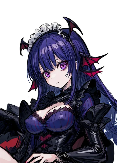 1girl, red-purple eyes, galactic blue hair, succubus, maid, bat wings, beautiful clothes , (high resolution, high detail, best quality) , medium breasts, sexy