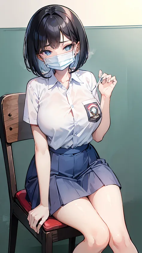 1 woman, 17 years old, (Short Layered Bob haircut, black hair), scared face expression, plump body, blue eyes, Indonesian high-school uniform, (wearing transparent white shirt, showing bra), osis logo on shirt pocket, huge XL breasts, light-grey pleated sk...