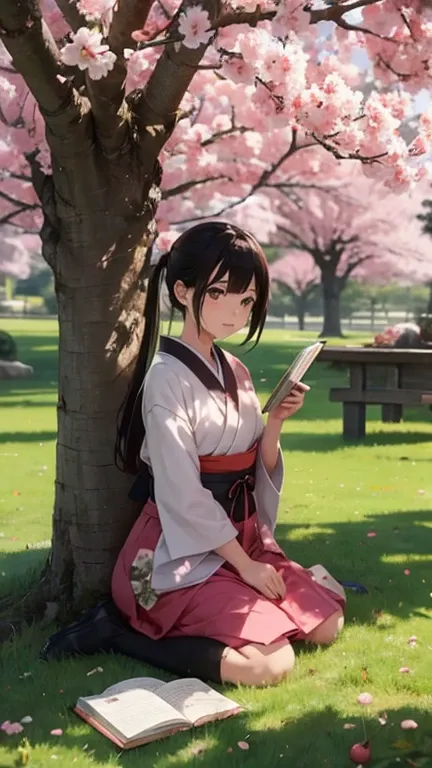 Place the end character in front of the Japanese cherry tree, A book in hand. Style manga, animated 