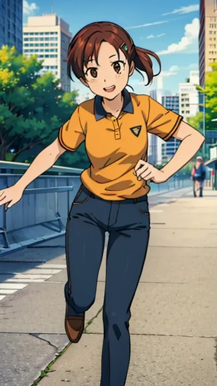 haru1,1girl, (masterpiece, best quality:1.2), orange polo shirt, yellow pants masterpiece, best quality,bangs, brown hair, hair ...