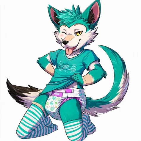 Anthropomorphic male opposum, yellow eyes, twirl tail, fullbody view, solo, on knees, white background, digital art, lifting his shirt, different views, wearing a teal t-shirt and long teal socks with white stripes and a diaper, looking at viewer, one eye ...